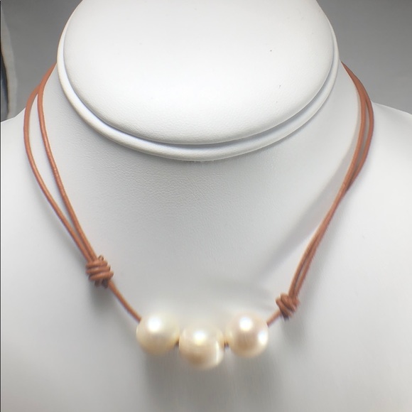 Jewelry - White Potato Pearl Necklace on Brown Leather Cord